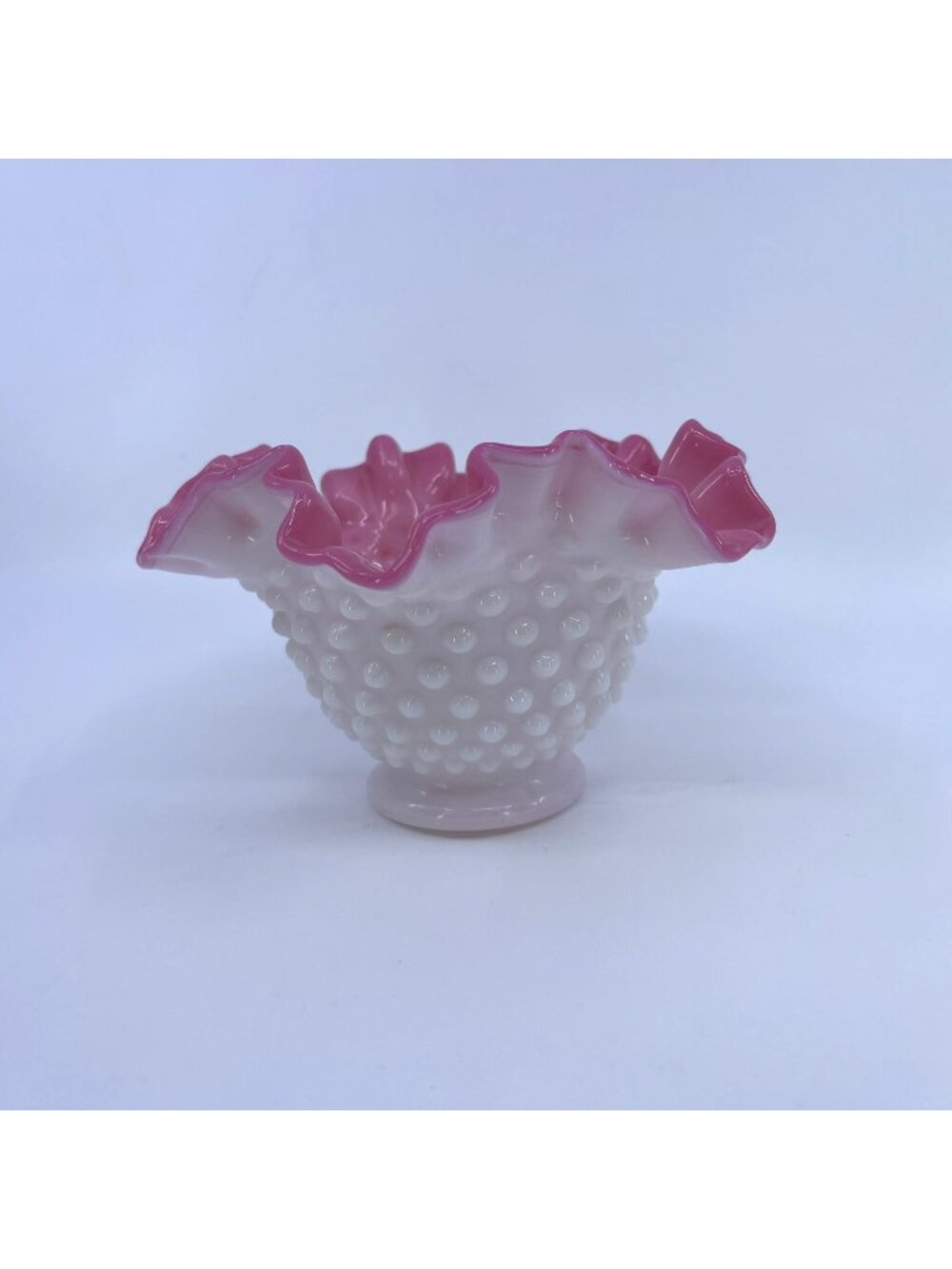 vintage fenton "peach blow" hobnail glass bowl white exterior pink interior 1950